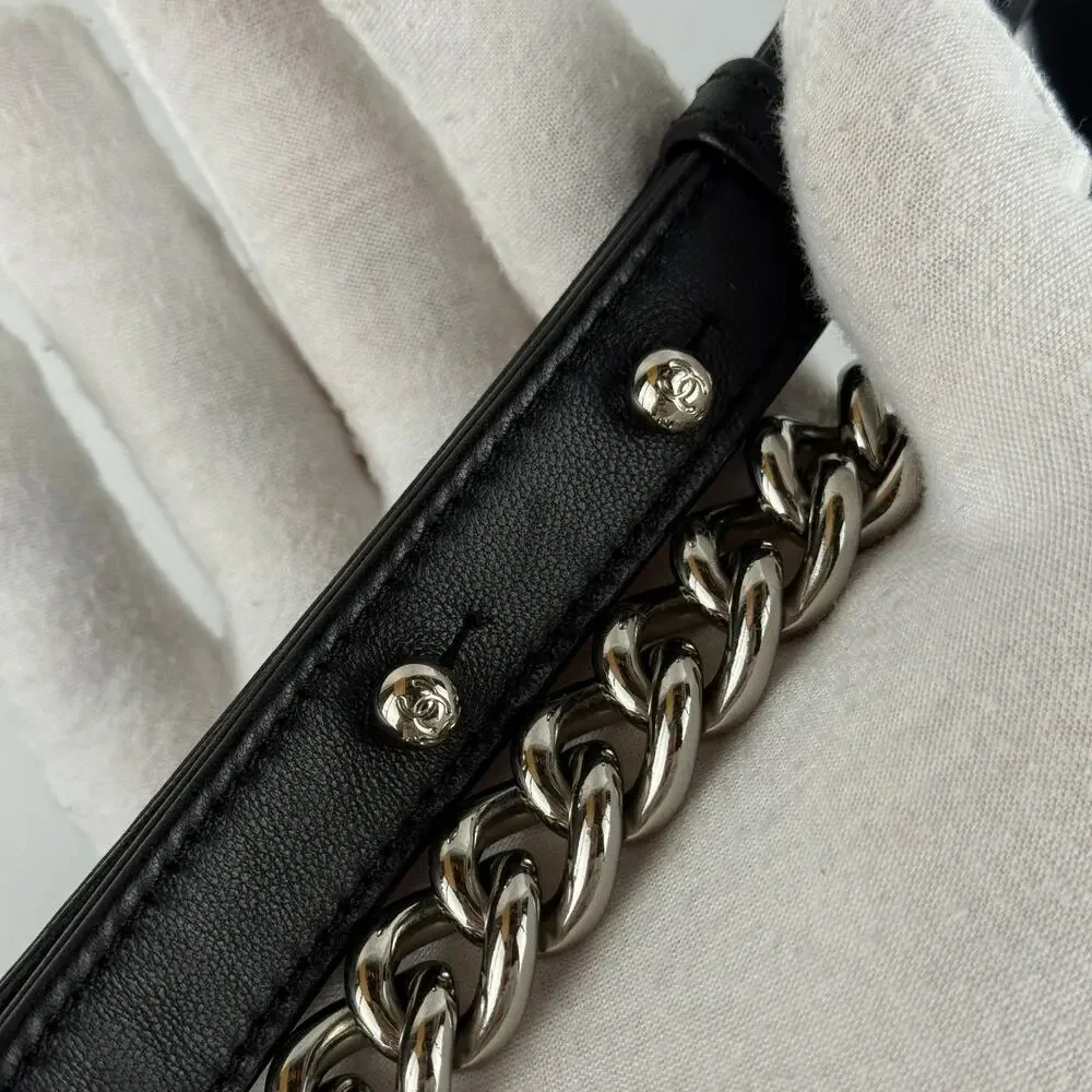 Chanel Boy Bag Medium Black Lambskin Iridescent Chevron Silver CC 17S  Women's